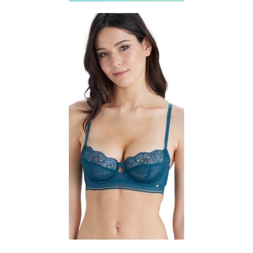 Pretty Polly Leo  Lace Balconette Bra Underwired  Padded Lingerie Teal 36B Sexy!